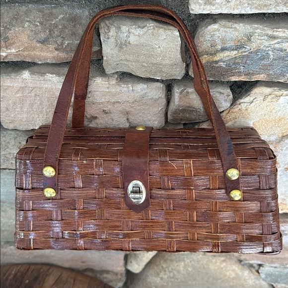 Simon Straw Bags Vintage basket, weave wicker purse with leather - Picture 4 of 16